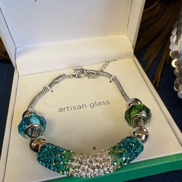 Jewelry - Blue and Green Glass Beaded Bracelet Silver Plated NEW